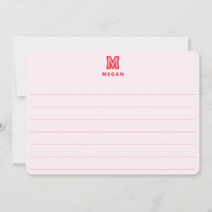 Sporty Monogram, Pink Lined Large Flat Note Card