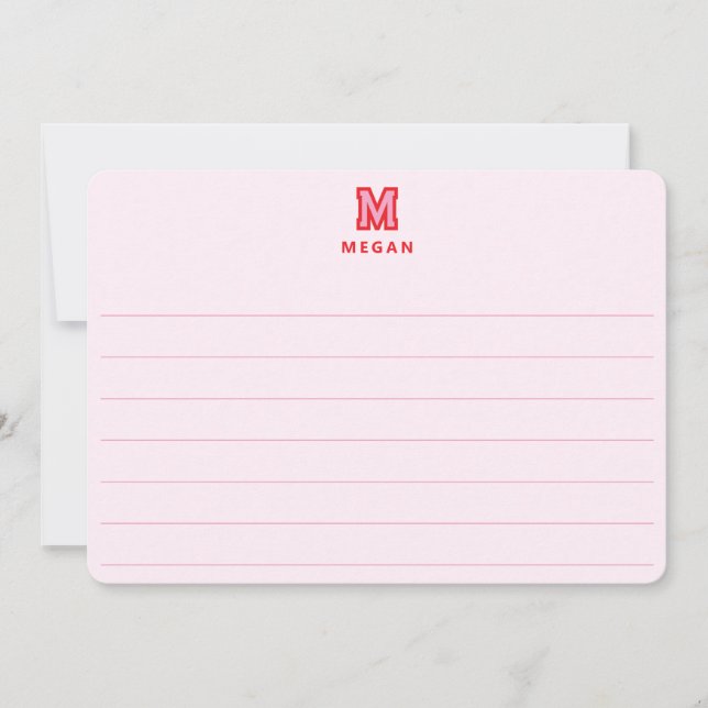 Sporty Monogram, Pink Lined Large Flat Note Card (Front)