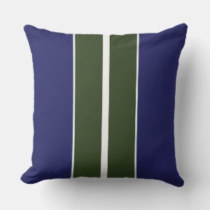 Sporty Navy Blue Forest Green White Racing Stripes Outdoor Pillow