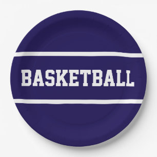 Sporty Navy Blue White BASKETBALL Text Stripes Paper Plates