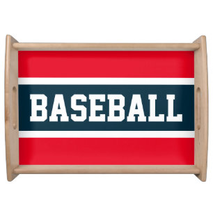 Sporty Navy White Bright Red Stripes BASEBALL Text Serving Tray