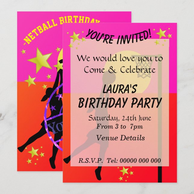 Sporty Netball Themed Party Invitation (Front/Back)