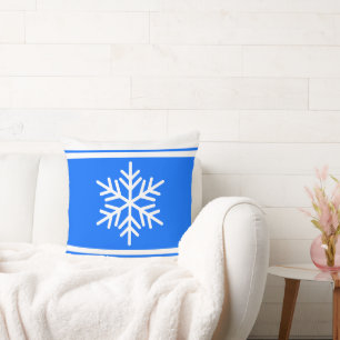 Sporty Nordic Snowflake Bright Blue White Stripes Throw Pillow