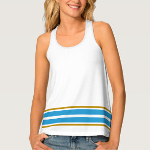 Sporty Ocean Blue Twin Racing Stripes On White Tank Top