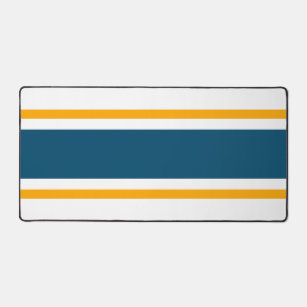 Sporty Ocean Blue Yellow Racing Stripes On White Desk Mat