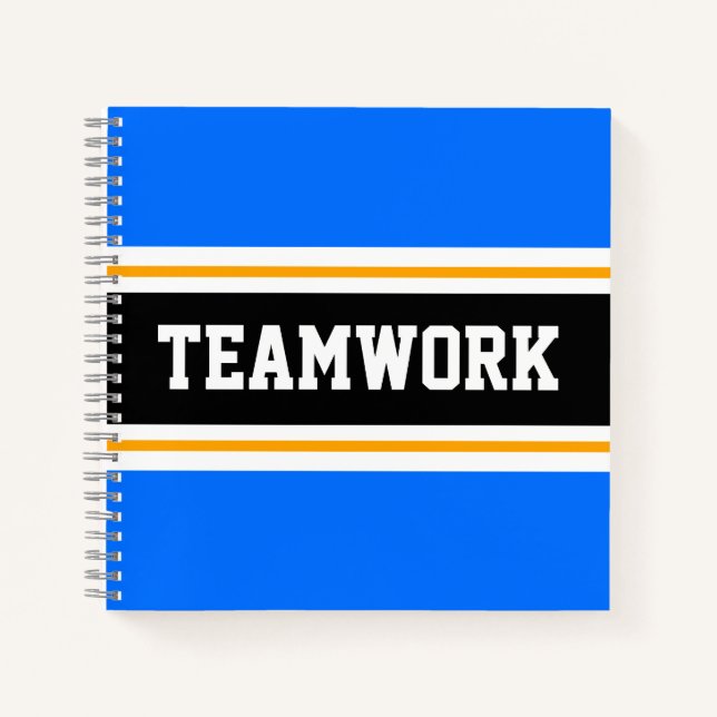 Sporty Orange Blue Black White TEAMWORK Stripes Notebook (Front)