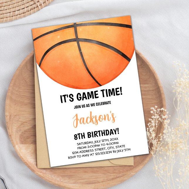 Sporty Orange Court Theme for Kids Invitation (Half watercolor Basketball Invitations)