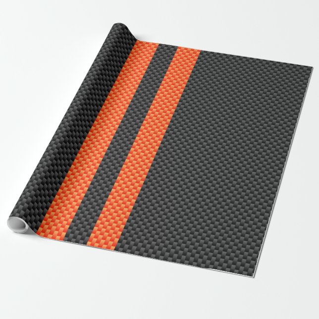 Sporty Orange Stripes Carbon Fiber Style Decor Wrapping Paper (Unrolled)