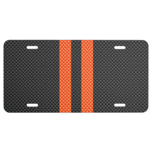 Sporty Orange Stripes on Carbon Fiber Like Print License Plate