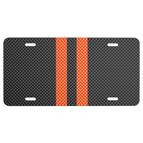 Sporty Orange Stripes on Carbon Fiber Like Print License Plate