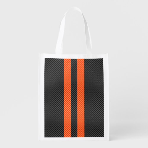 Sporty Orange Stripes on Carbon Fiber Like Print Reusable Grocery Bag