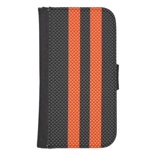 Sporty Orange Stripes on Carbon Fiber Like Print Galaxy S4 Wallet Case