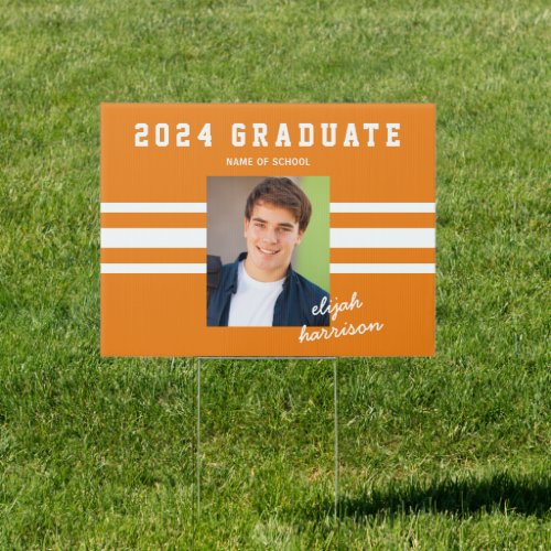 Sporty Orange  White Custom Photo Graduation Yard Sign