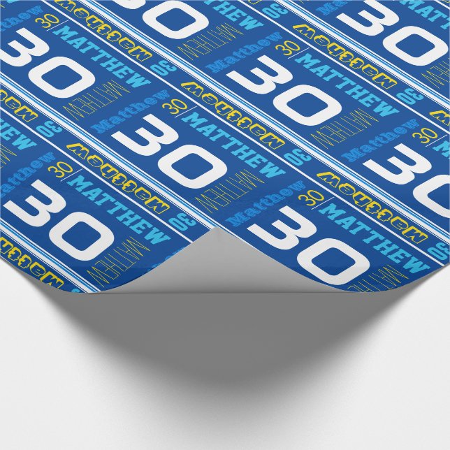 Sporty personalized name age blue birthday wrap wrapping paper (Corner)