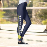 Sporty Pickleball Custom Town Team Name Navy Blue Leggings<br><div class="desc">The perfect leggings for pickleball enthusiasts. High quality leggings with your custom text and a yellow pickleball on each side. Add your team name, city name, club name, etc. Fun for casual social play or tournament match play - easily change the background color to match your club/team's colors. Just click...</div>