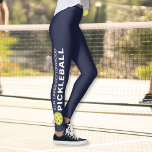 Sporty Pickleball Custom Town Team Name Navy Blue Leggings<br><div class="desc">The perfect leggings for pickleball enthusiasts. High quality leggings with your custom text and a yellow pickleball on each side. Add your team name, city name, club name, etc. Fun for casual social play or tournament match play - easily change the background color to match your club/team's colors. Just click...</div>