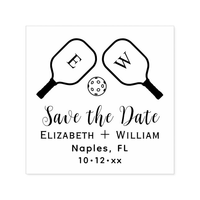 Sporty Pickleball Paddles and Ball Save the Date Self-inking Stamp (Design)