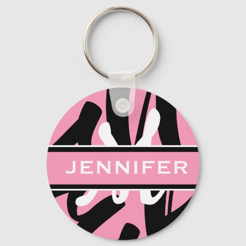Sporty Pink Black White Monogram Personalized  Keychain