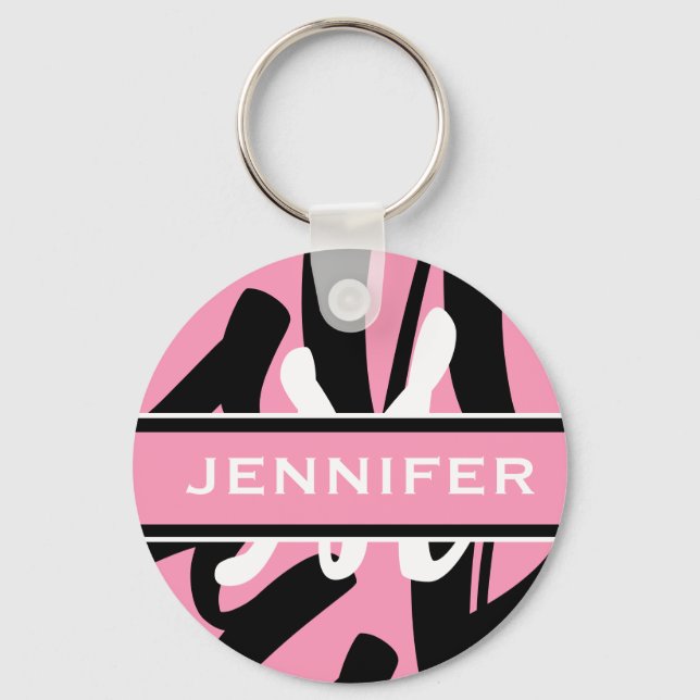 Sporty Pink Black White Monogram Personalized  Keychain (Front)