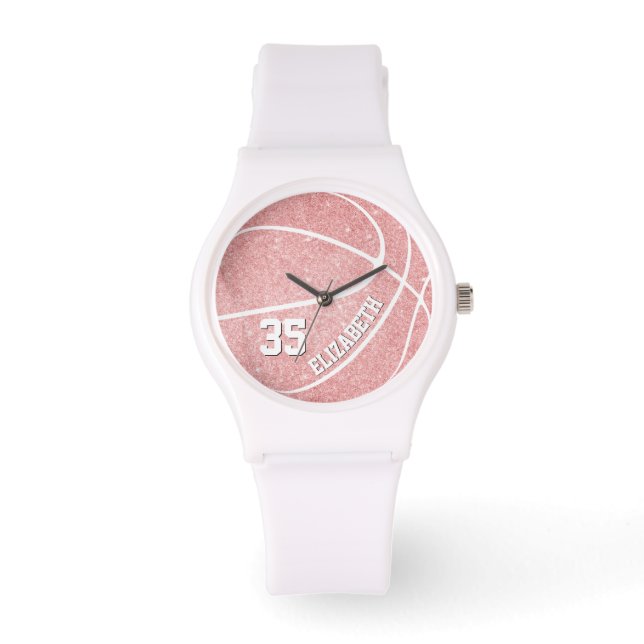 sporty pink girls' basketball personalized watch (Front)