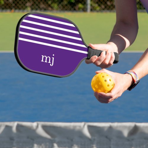 Sporty Purple and White Stripes with Monogram Pickleball Paddle