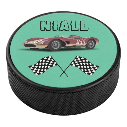 Sporty Race Car Personalized Hockey Puck
