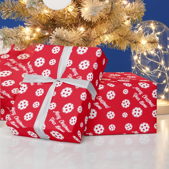 Sporty red and white pickleball Christmas Holiday Wrapping Paper (Holidays)