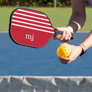 Sporty Red and White Stripes with Monogram Pickleball Paddle