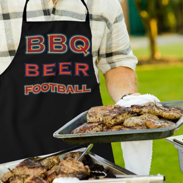 Sporty Red Blue Gold BBQ Beer Football | Black Apron (Creator Uploaded)