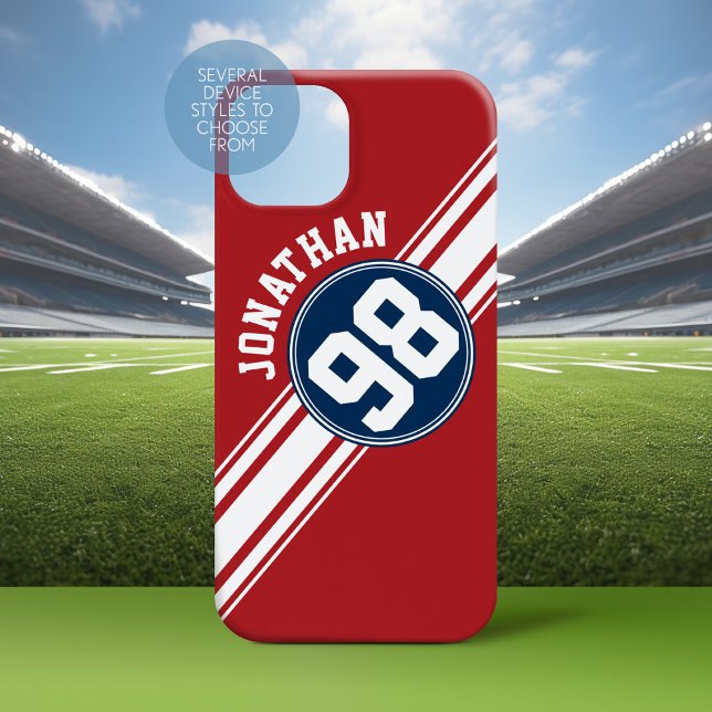 Sporty Red, White and Blue Stripes Name Number Case-Mate iPhone Case (Personalized Phone Case with a Football Jersey Stripe Design)