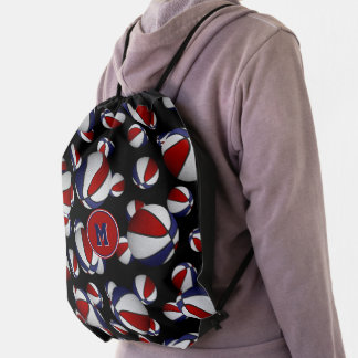 sporty red white blue basketballs pattern drawstring bag