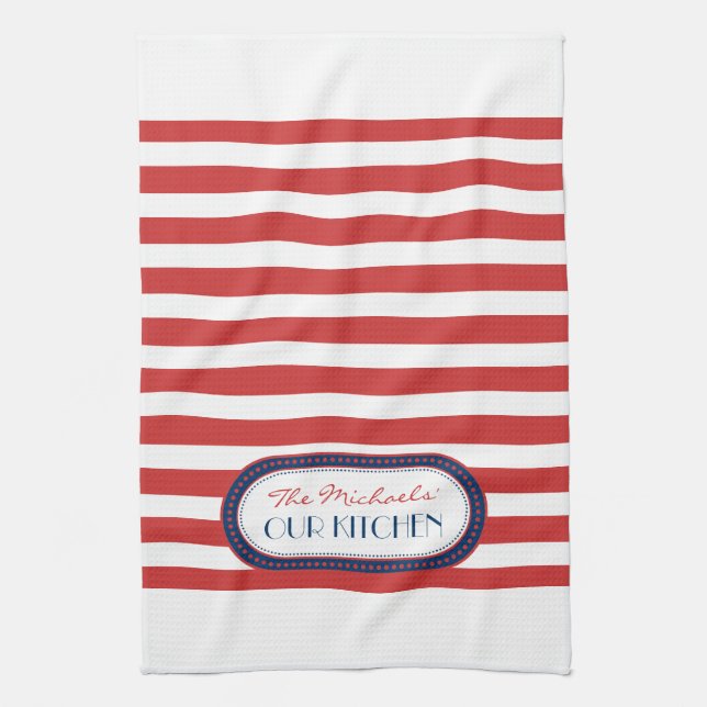 Sporty Red White Blue Nautical Stripes Monogram Kitchen Towel (Vertical)