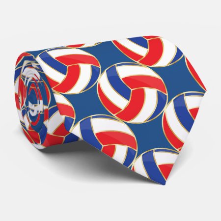 Sporty Red, White, Blue With Gold Trim Volleyball Neck Tie