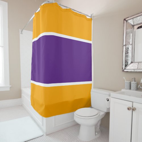 Sporty Royal Purple White Racing Stripes On Yellow Shower Curtain