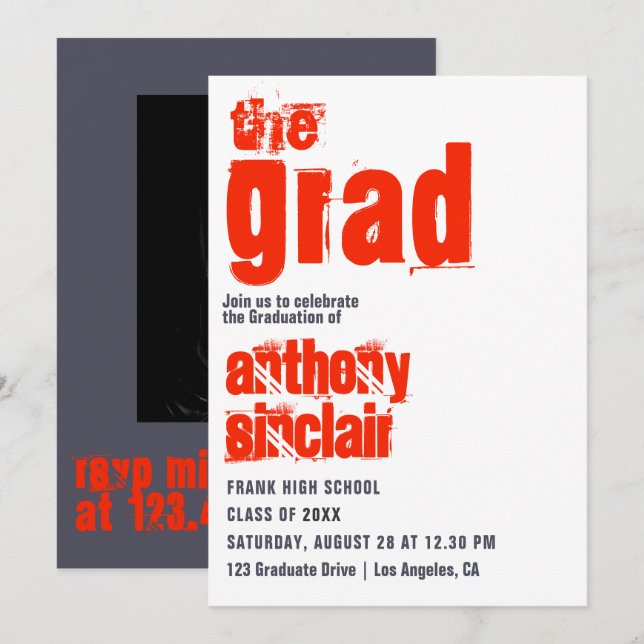 Sporty Scarlet and Gray Typography Grad Photo Invitation (Front/Back)