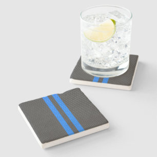 Sporty Sky Blue Carbon Fiber Style Racing Stripes Stone Coaster