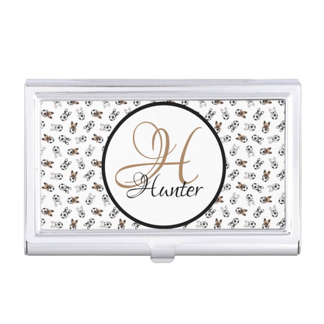 Sporty Soccer Puppies Monogrammed Business Card Case (Front)