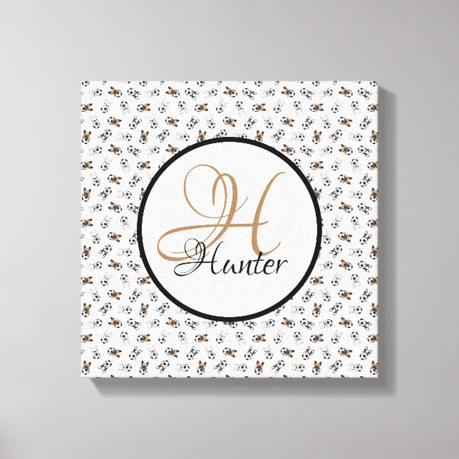 Sporty Soccer Puppies Monogrammed Canvas Print (Front)