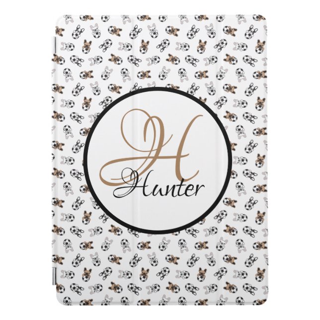 Sporty Soccer Puppies Monogrammed iPad Pro Cover (Front)