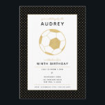 Sporty Soccer Star Sports Party In Black and Gold Invitation<br><div class="desc">Celebrate your soccer (or football) fan with this soccer-themed invitation featuring a gold soccer ball with black details. Perfect for the athlete or sports lover in your life. Customizable. Part of a collection from Parcel Studios. *The foil details are simulated in this artwork. No actual foil will be used in...</div>