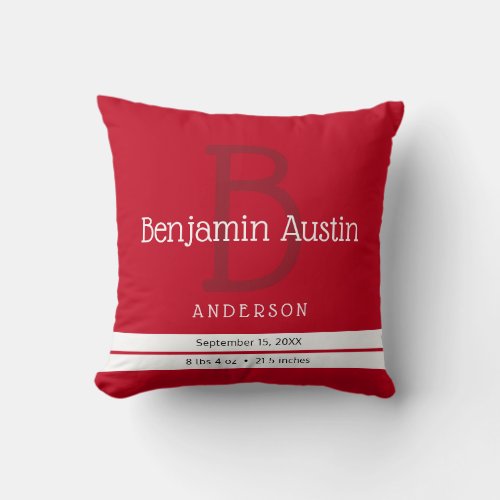 Sporty Stripe Red Monogram Newborn Boy Birth Stats Throw Pillow