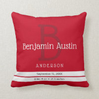 Sporty Stripe Red Monogram Newborn Boy Birth Stats Throw Pillow