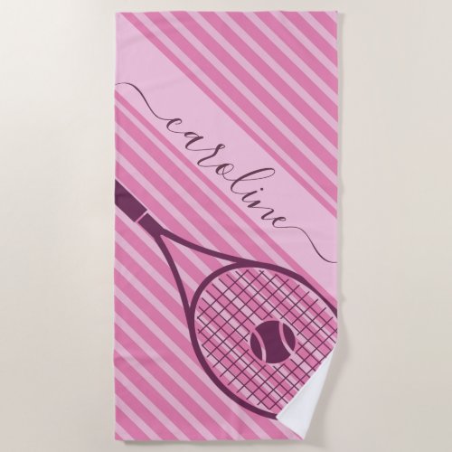 Sporty Striped Pink Tennis Racket Ball Girls Name Beach Towel