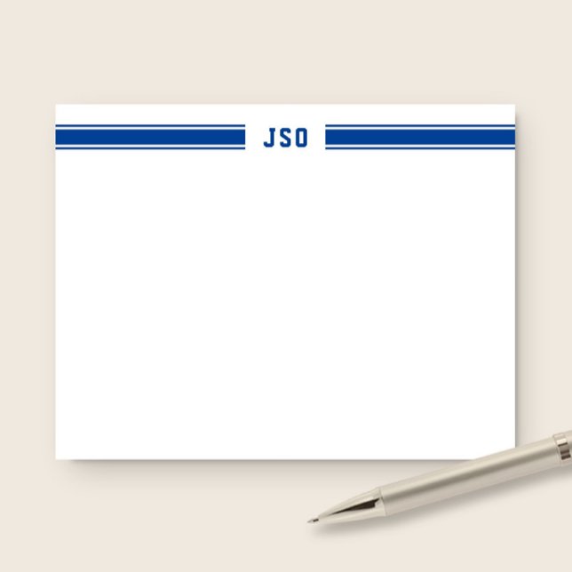 Sporty Stripes Monogram Masculine Blue & White Note Card (Creator Uploaded)