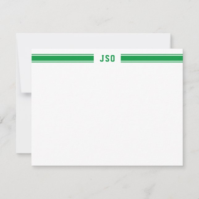Sporty Stripes Monogram Masculine Green & White Note Card (Front)