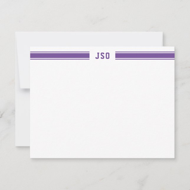 Sporty Stripes Monogram Masculine Purple & White Note Card (Front)