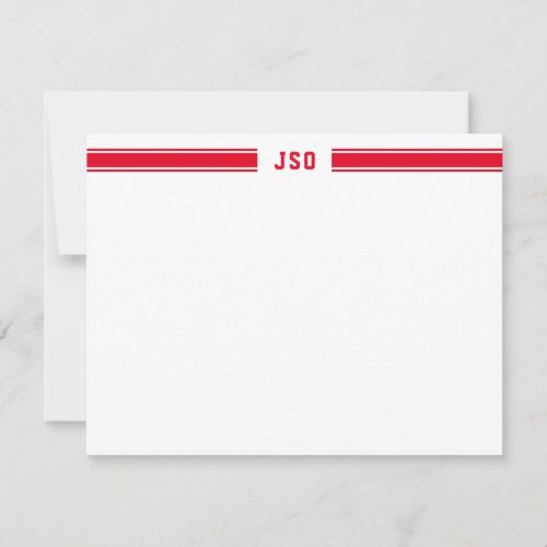 Sporty Stripes Monogram Masculine Red  White Note Card