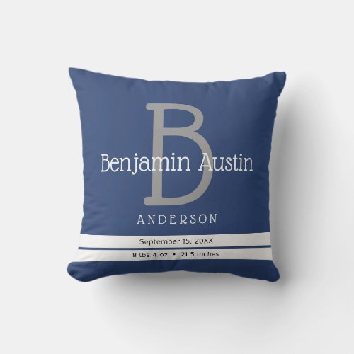 Sporty Stripes  Monogram Newborn Boy Birth Stats Throw Pillow