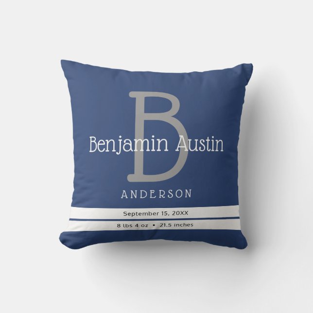Sporty Stripes | Monogram Newborn Boy Birth Stats Throw Pillow (Front)