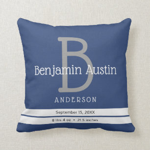 Sporty Stripes Monogram Newborn Boy Birth Stats Throw Pillow
